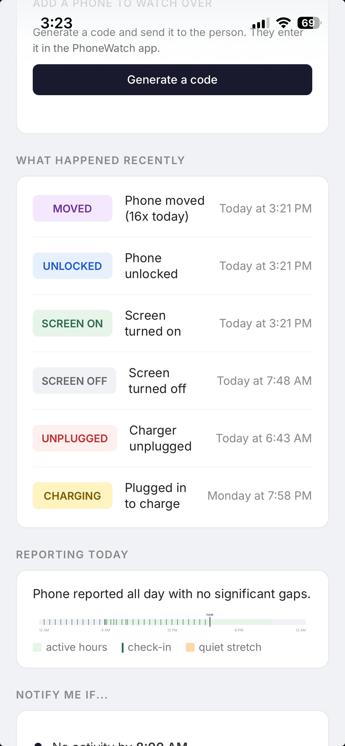 PhoneWatch alert settings
